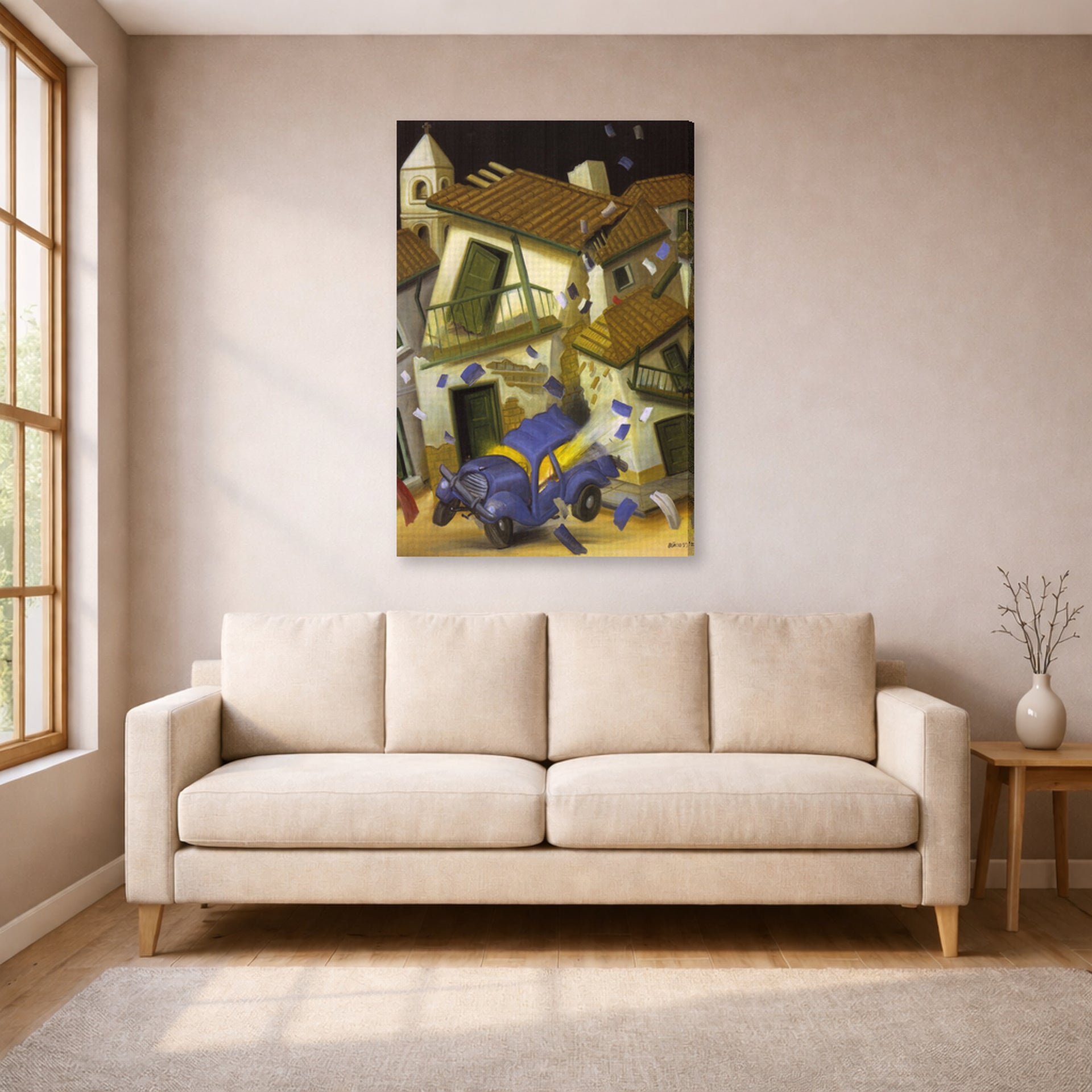 Gallery-wrapped canvas print of Fernando Botero's Car Bomb displayed on a wall in a living room