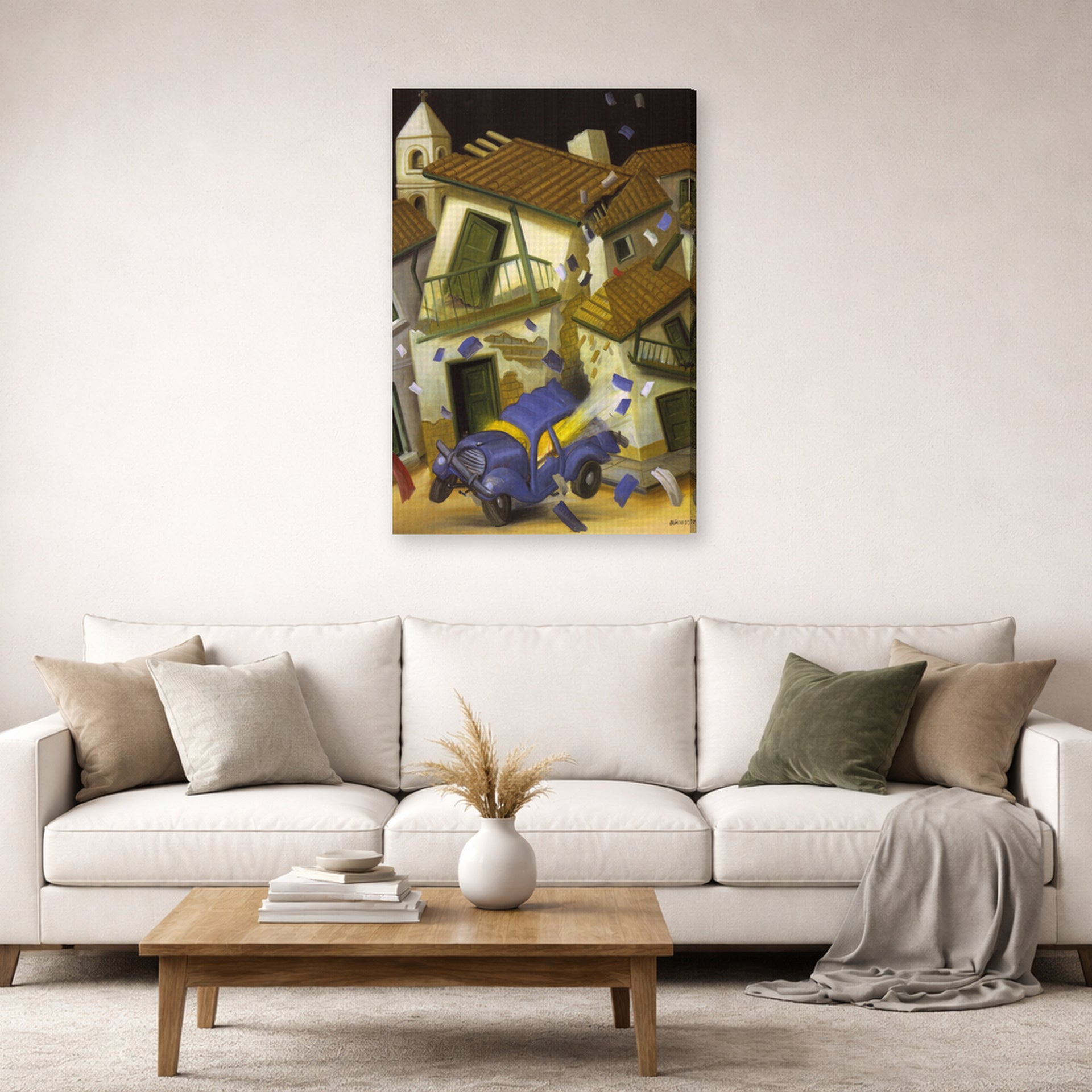Gallery-wrapped canvas print of Fernando Botero's Car Bomb displayed on a wall in a living room