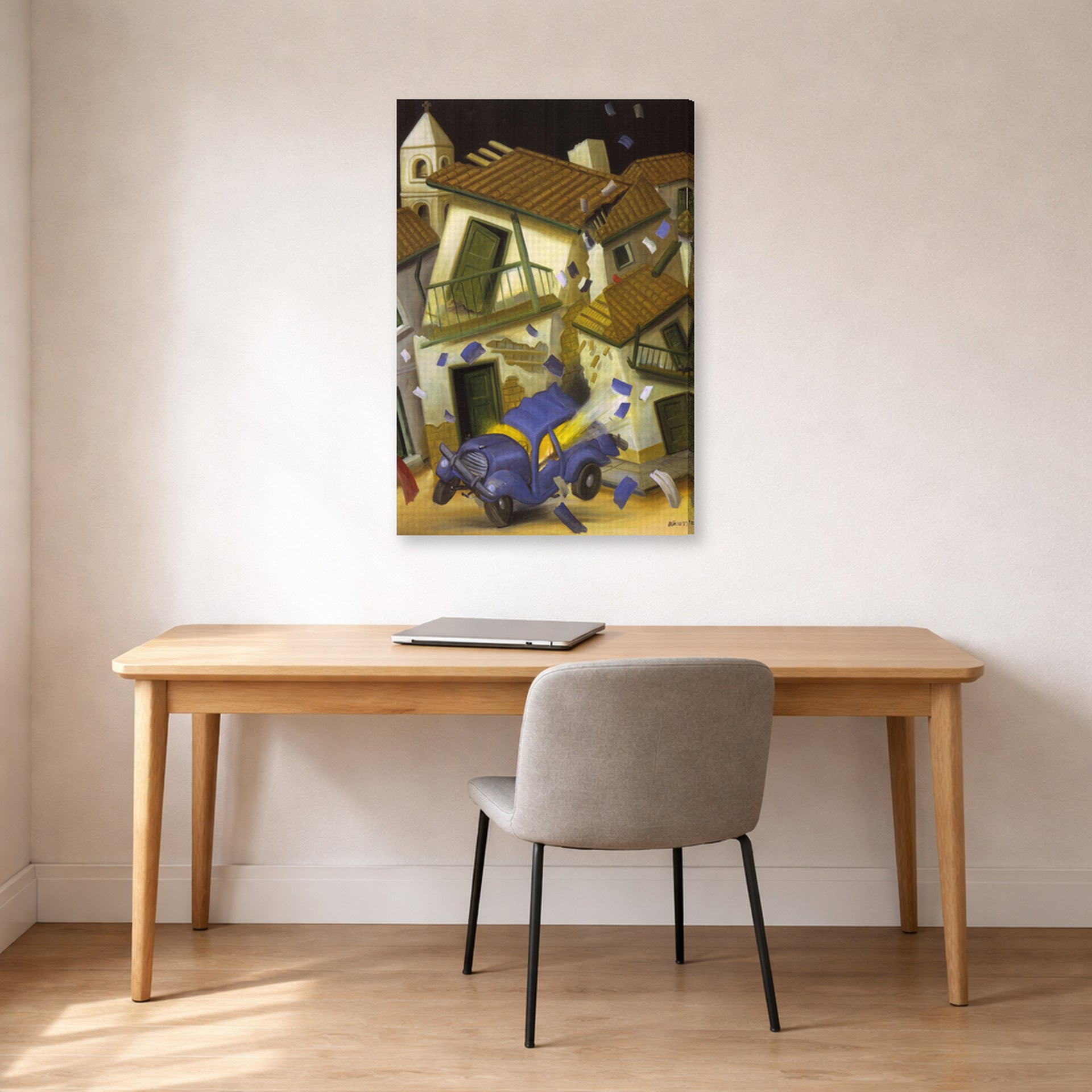 Gallery-wrapped canvas print of Fernando Botero's Car Bomb displayed on a wall in a home office