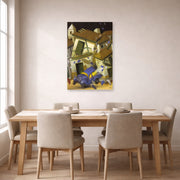 Unframed poster print of Fernando Botero's Car Bomb displayed on a wall in a dining room