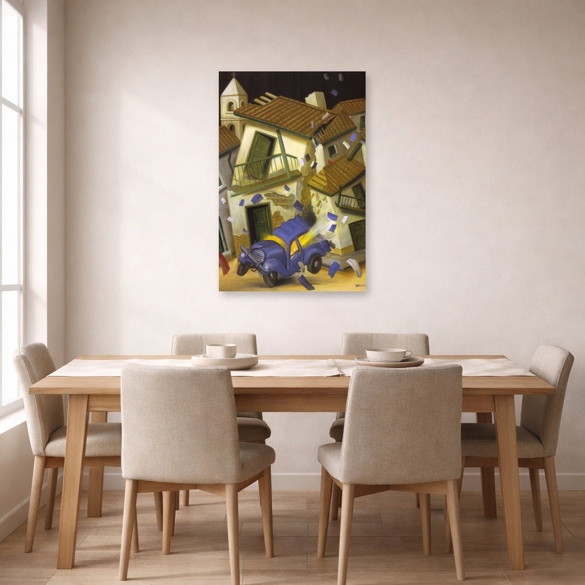 Unframed poster print of Fernando Botero's Car Bomb displayed on a wall in a dining room
