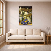 Unframed poster print of Fernando Botero's Car Bomb displayed on a wall in a living room