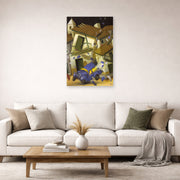 Unframed poster print of Fernando Botero's Car Bomb displayed on a wall in a living room