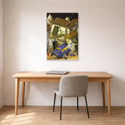Unframed poster print of Fernando Botero's Car Bomb displayed on a wall in a home office