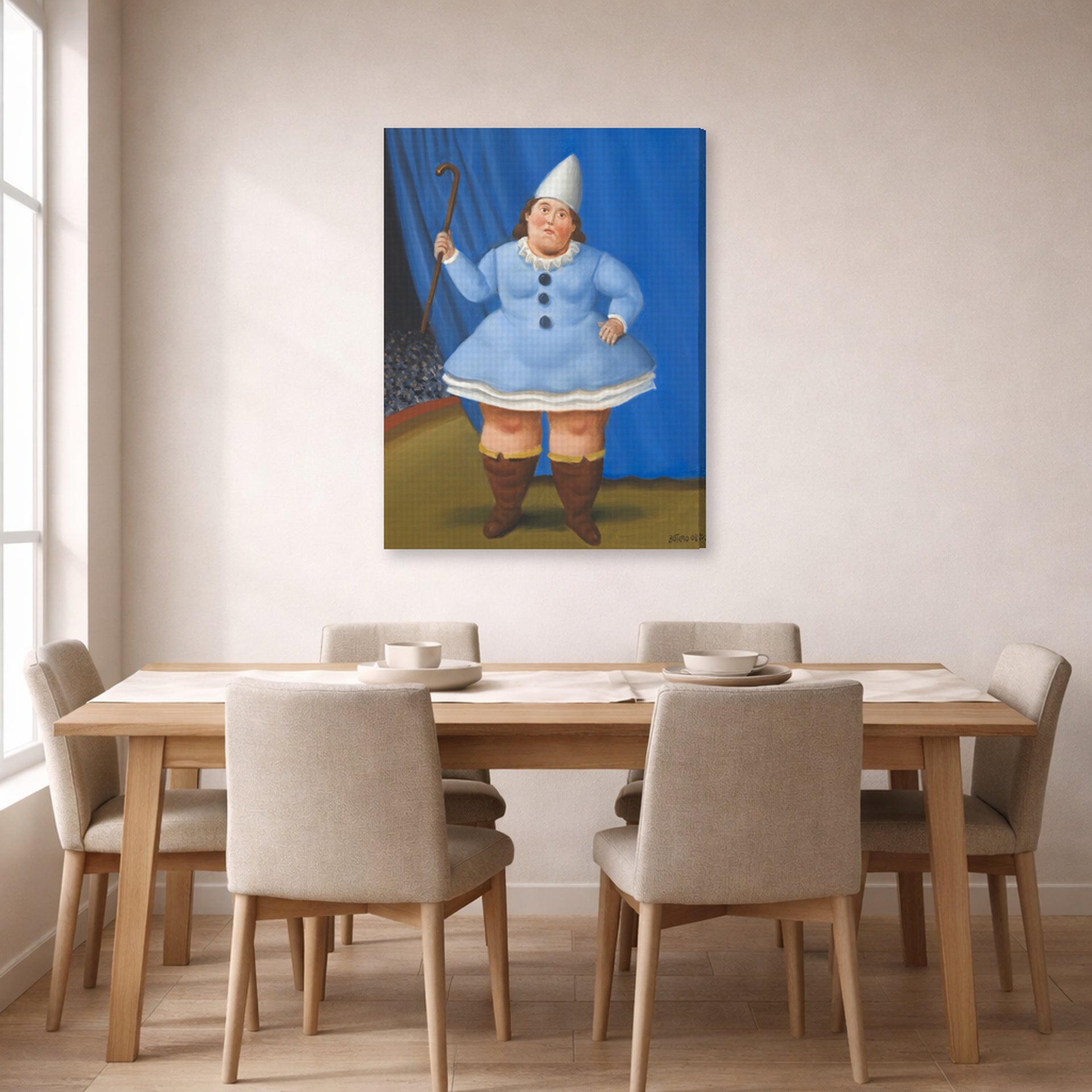 Gallery-wrapped canvas print of Fernando Botero's Circus Girl displayed on a wall in a dining room