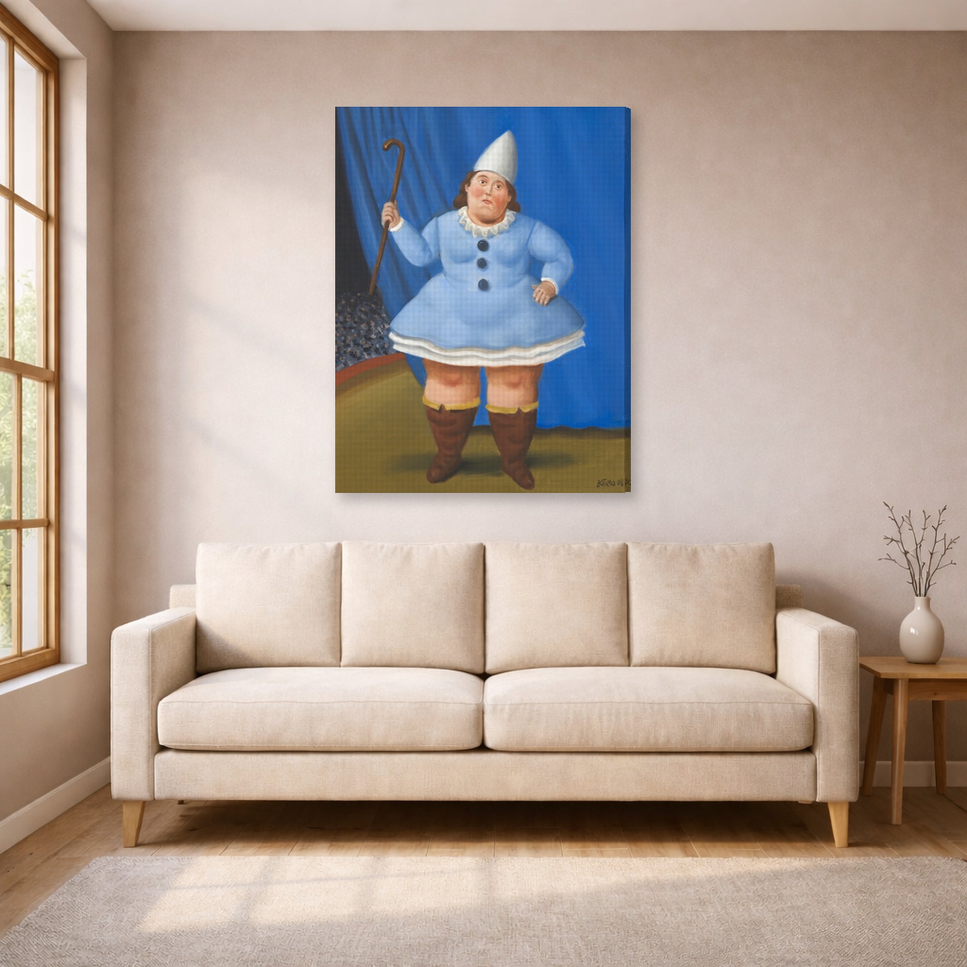 Gallery-wrapped canvas print of Fernando Botero's Circus Girl displayed on a wall in a living room