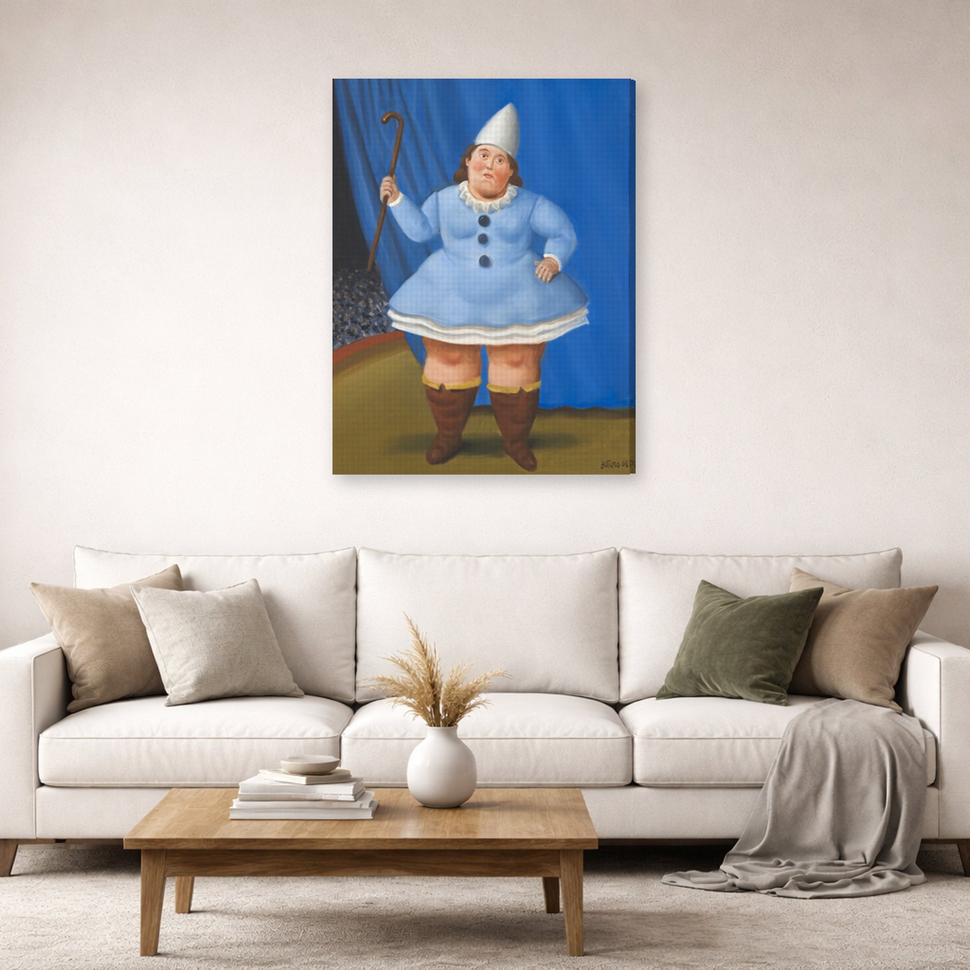 Gallery-wrapped canvas print of Fernando Botero's Circus Girl displayed on a wall in a living room
