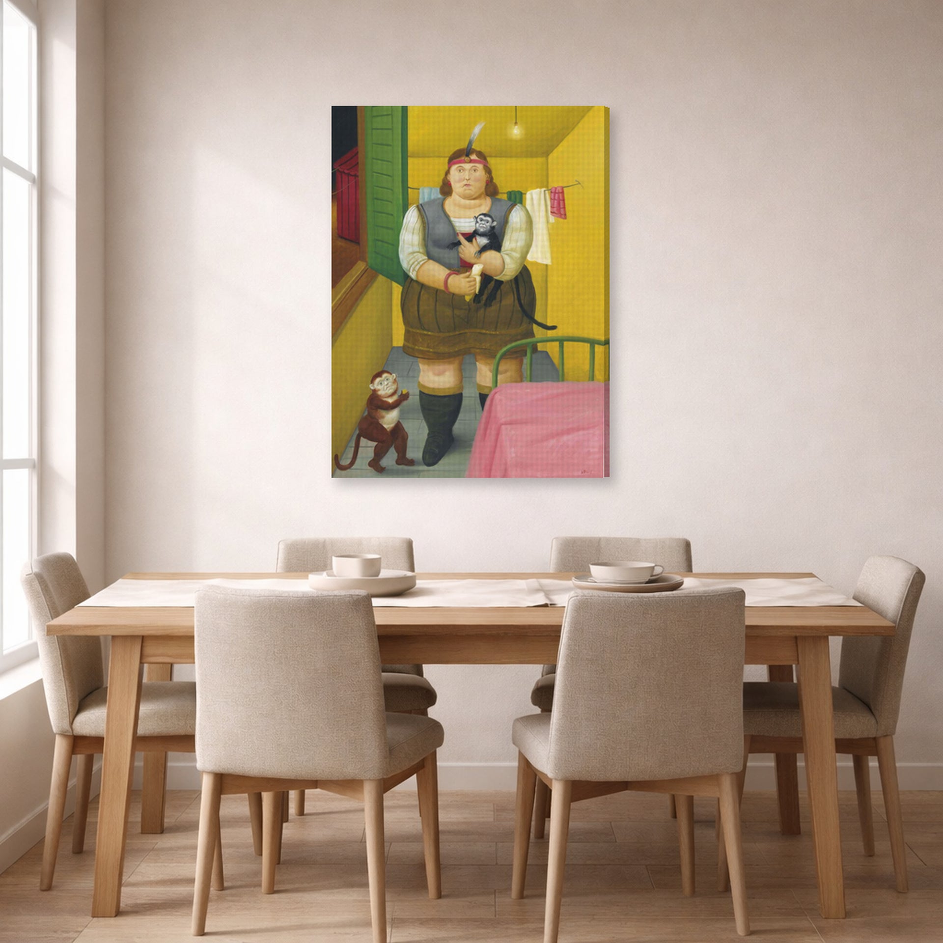 Gallery-wrapped canvas print of Fernando Botero's Circus Girl in Her Trailer displayed on a wall in a dining room