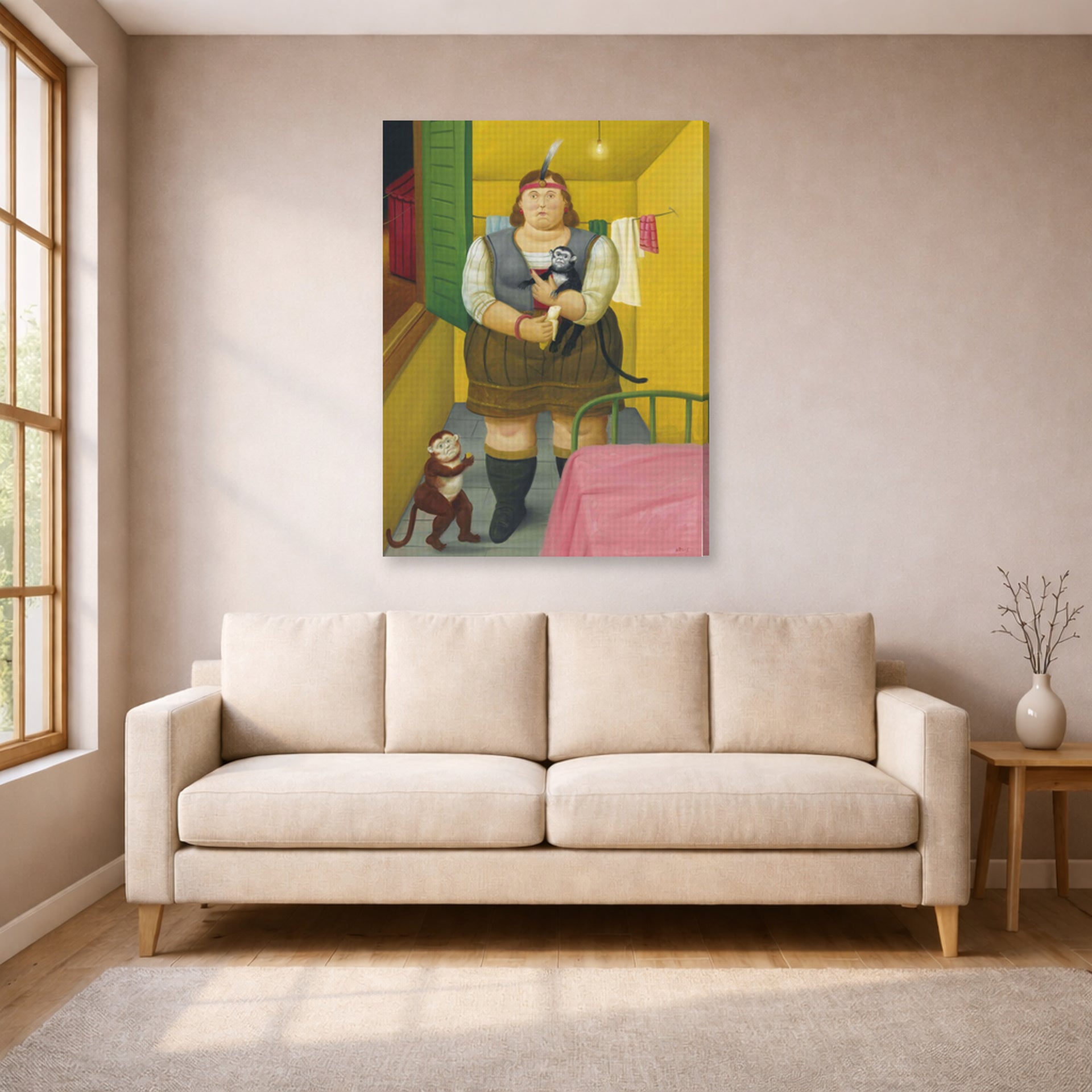 Gallery-wrapped canvas print of Fernando Botero's Circus Girl in Her Trailer displayed on a wall in a living room