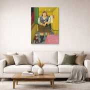 Gallery-wrapped canvas print of Fernando Botero's Circus Girl in Her Trailer displayed on a wall in a living room