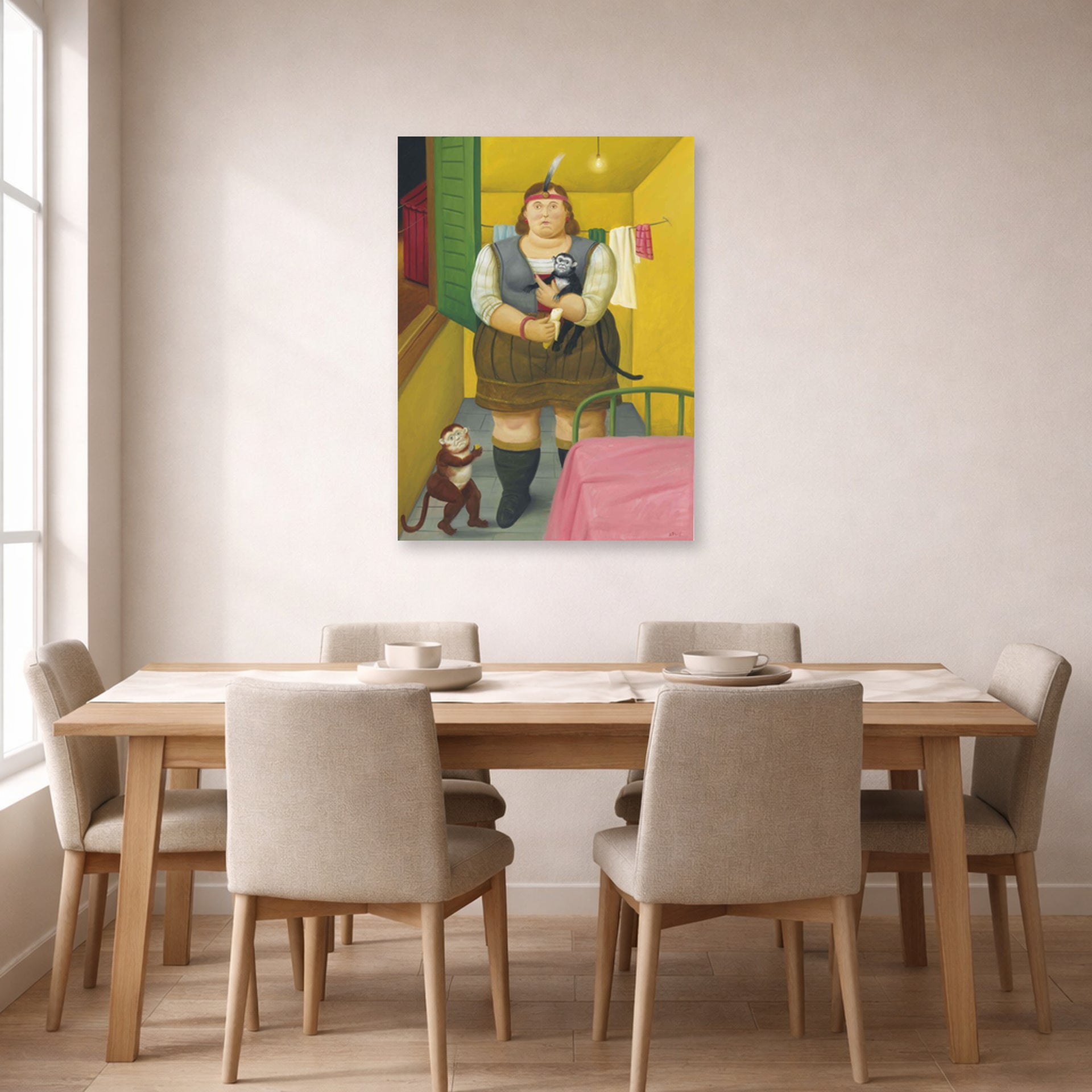 Unframed poster print of Fernando Botero's Circus Girl in Her Trailer displayed on a wall in a dining room