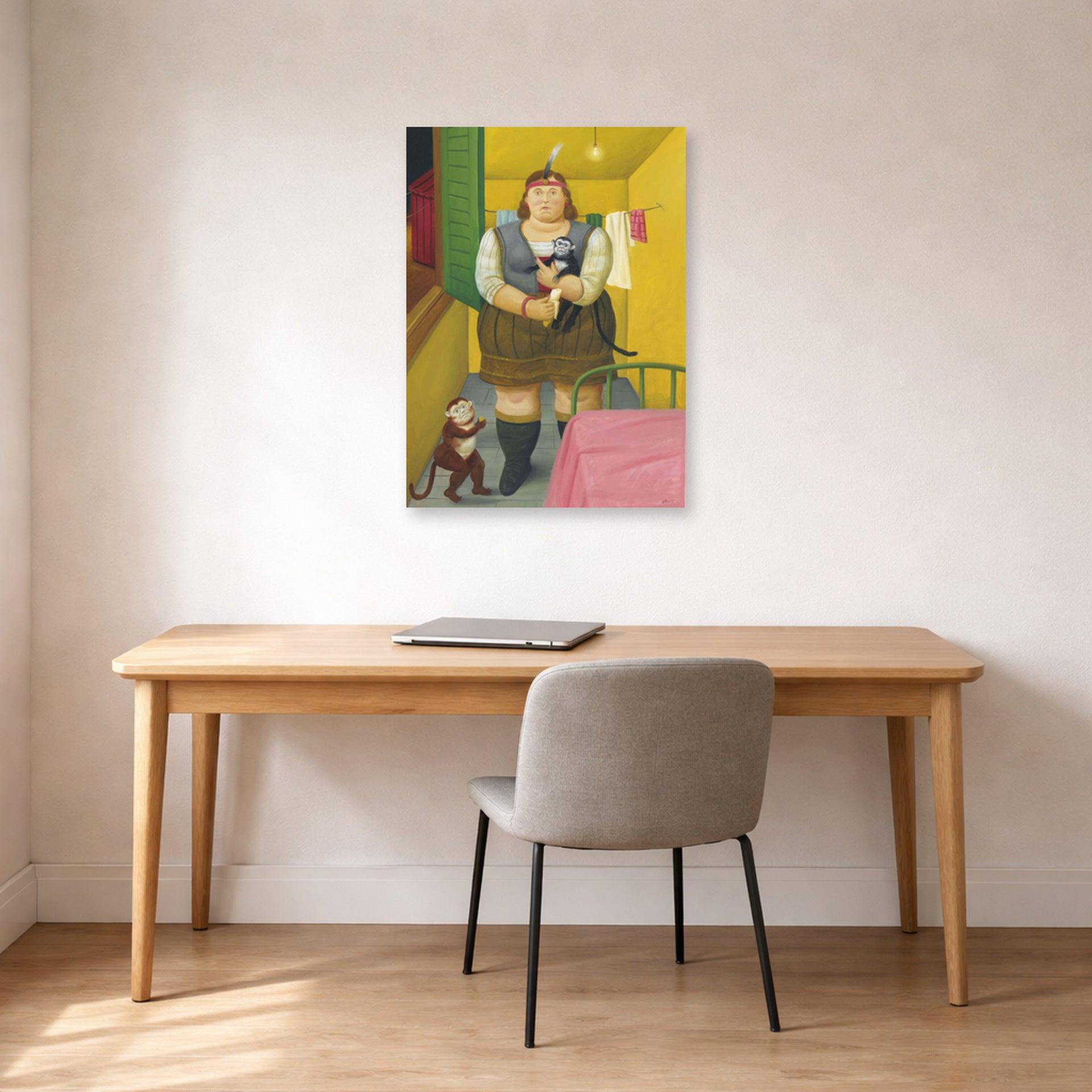 Unframed poster print of Fernando Botero's Circus Girl in Her Trailer displayed on a wall in a home office