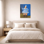 Unframed poster print of Fernando Botero's Circus Girl displayed on a wall in a bedroom