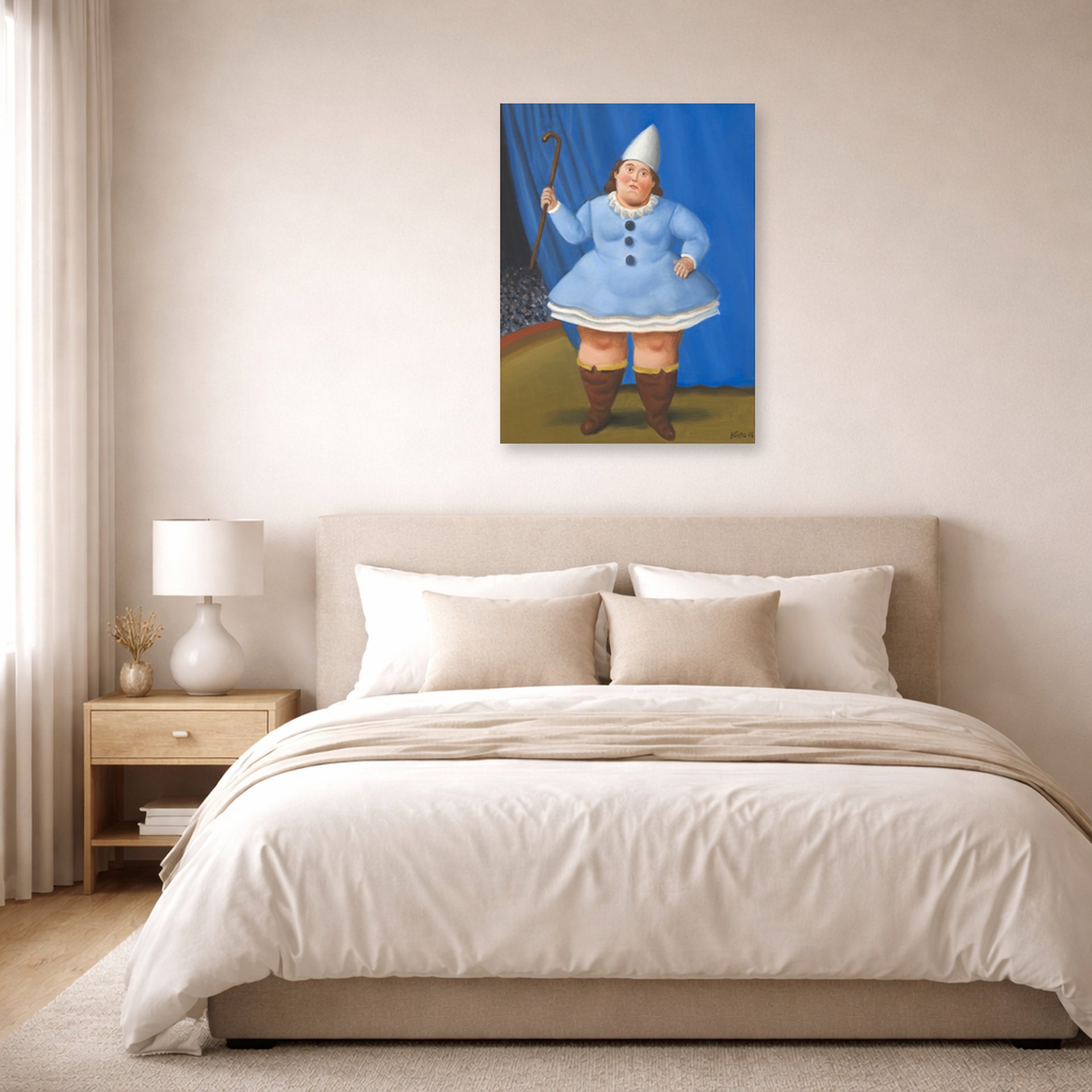 Unframed poster print of Fernando Botero's Circus Girl displayed on a wall in a bedroom