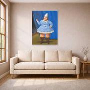 Unframed poster print of Fernando Botero's Circus Girl displayed on a wall in a living room