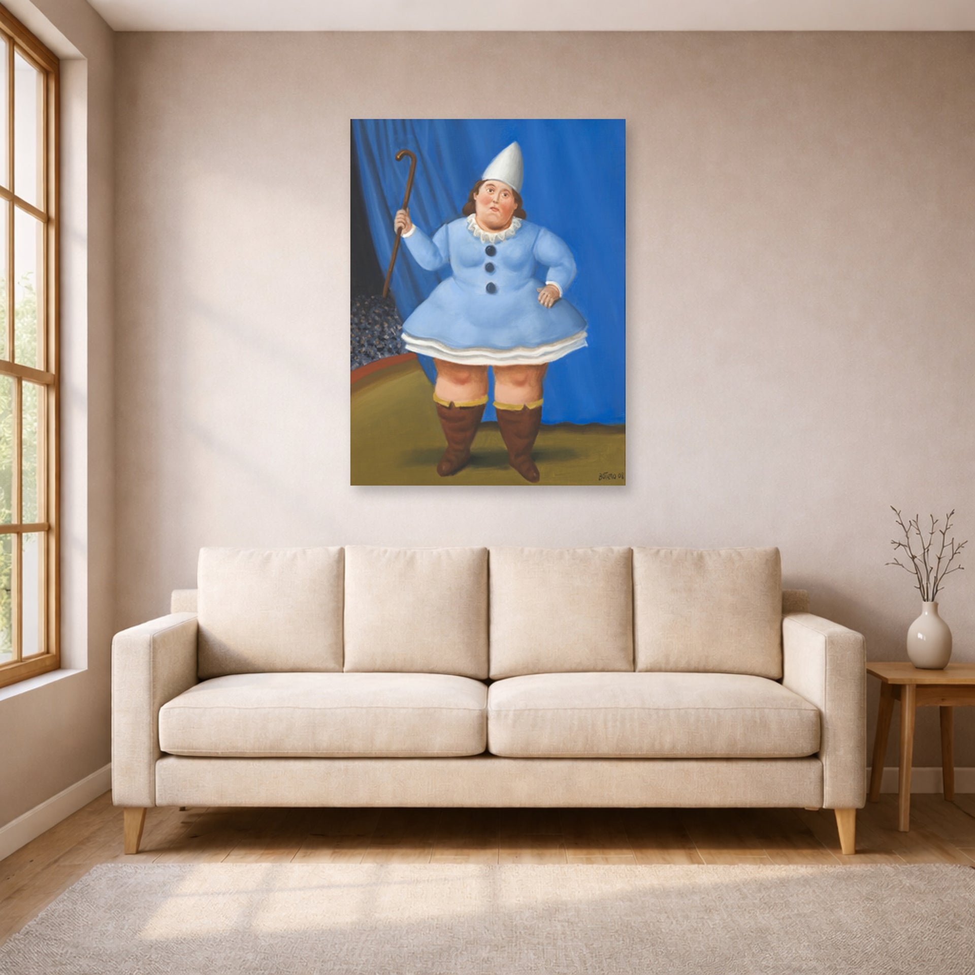 Unframed poster print of Fernando Botero's Circus Girl displayed on a wall in a living room