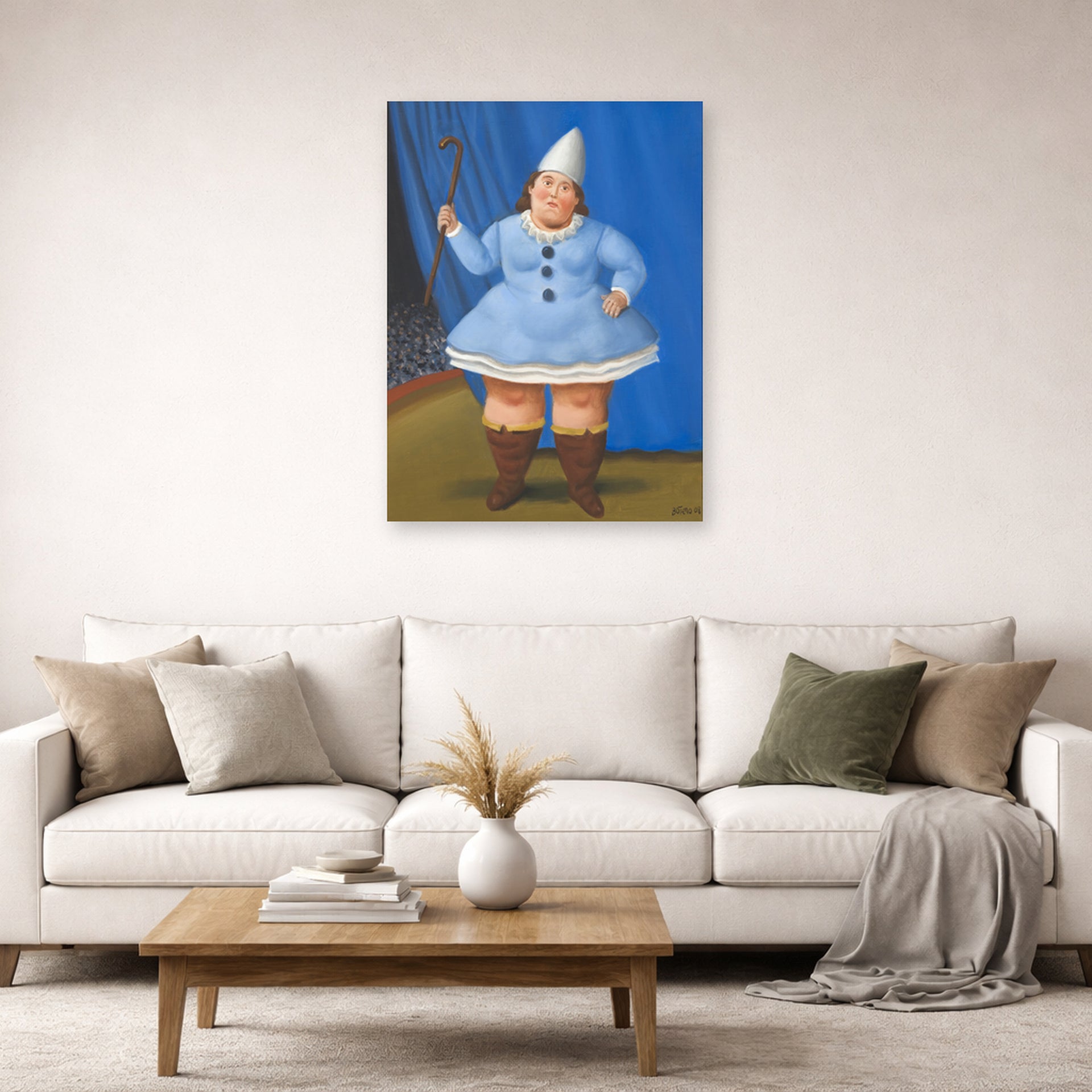 Unframed poster print of Fernando Botero's Circus Girl displayed on a wall in a living room