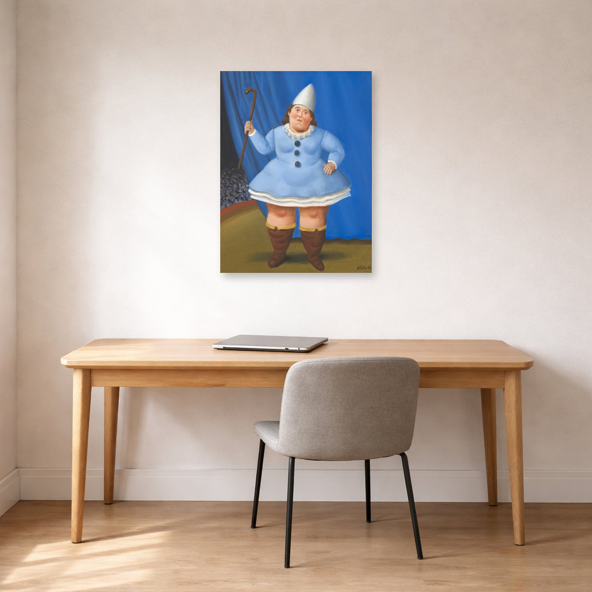 Unframed poster print of Fernando Botero's Circus Girl displayed on a wall in a home office