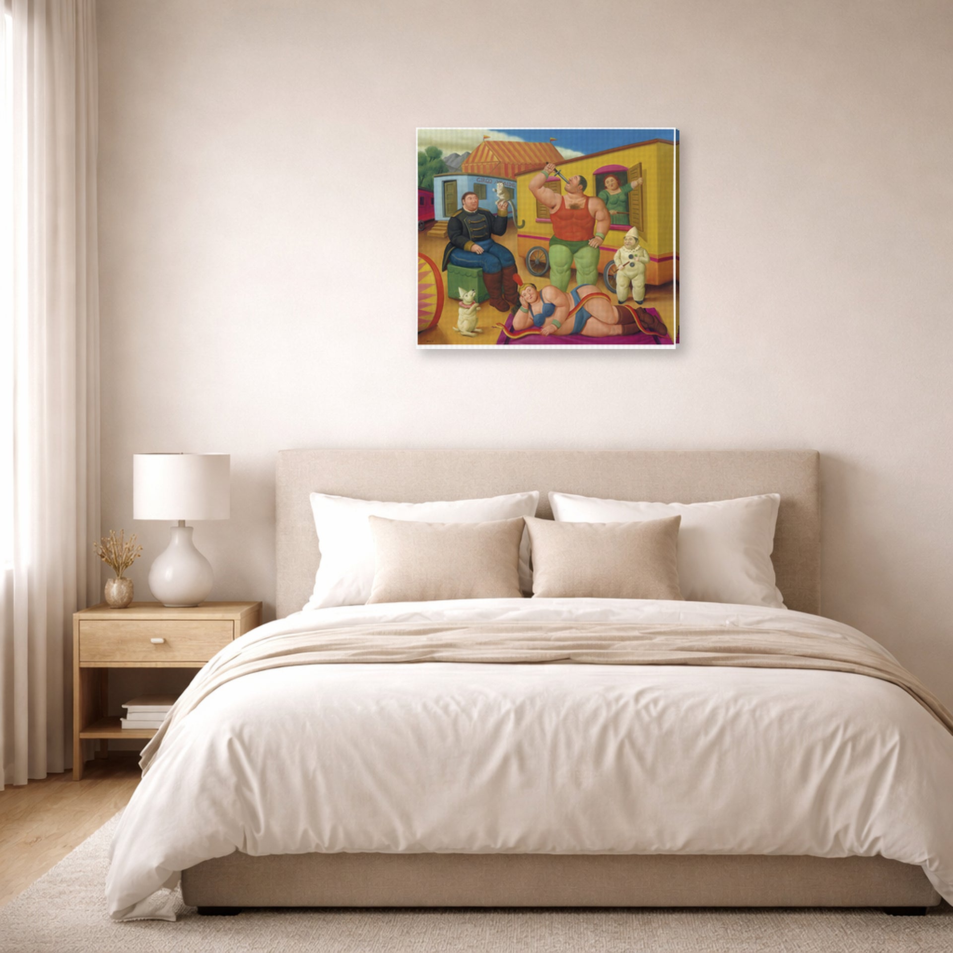 Gallery-wrapped canvas print of Fernando Botero's Circus People displayed on a wall in a bedroom