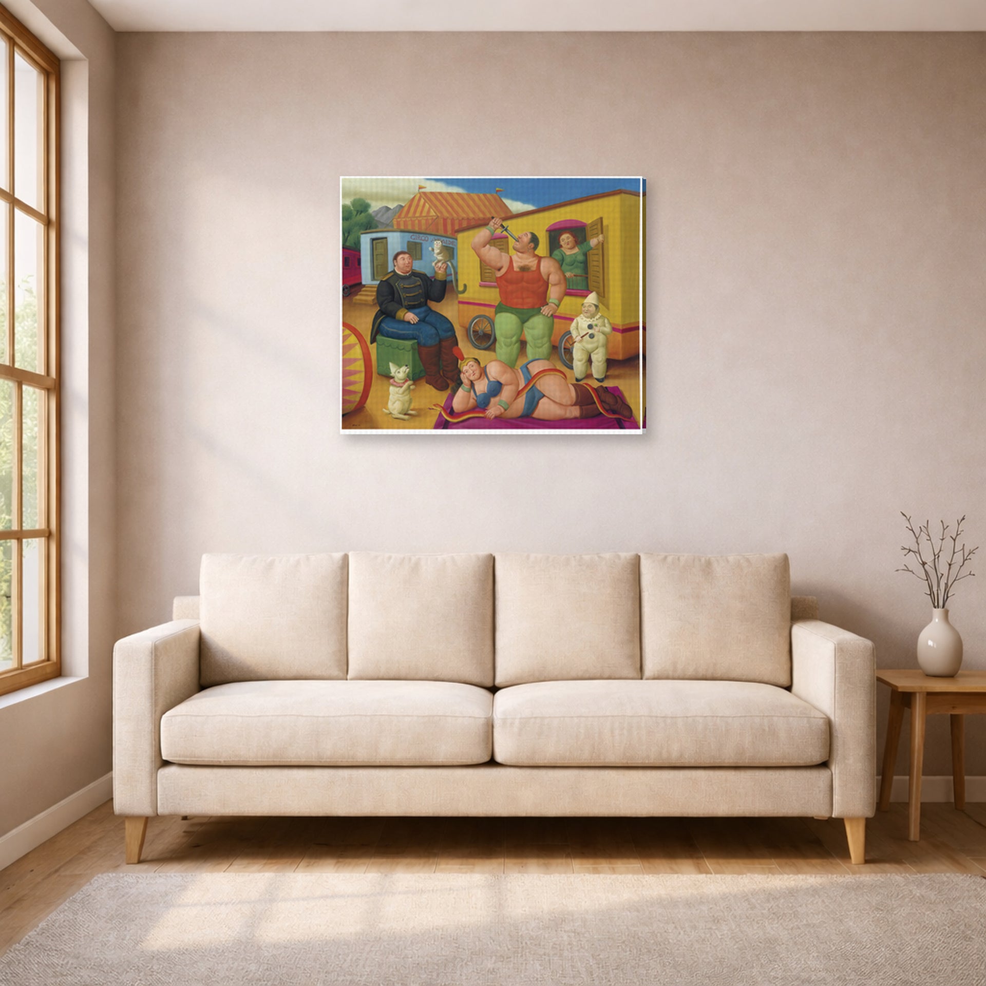 Gallery-wrapped canvas print of Fernando Botero's Circus People displayed on a wall in a living room