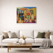 Gallery-wrapped canvas print of Fernando Botero's Circus People displayed on a wall in a living room