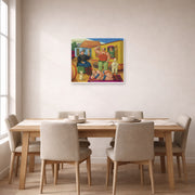 Unframed poster print of Fernando Botero's Circus People displayed on a wall in a dining room