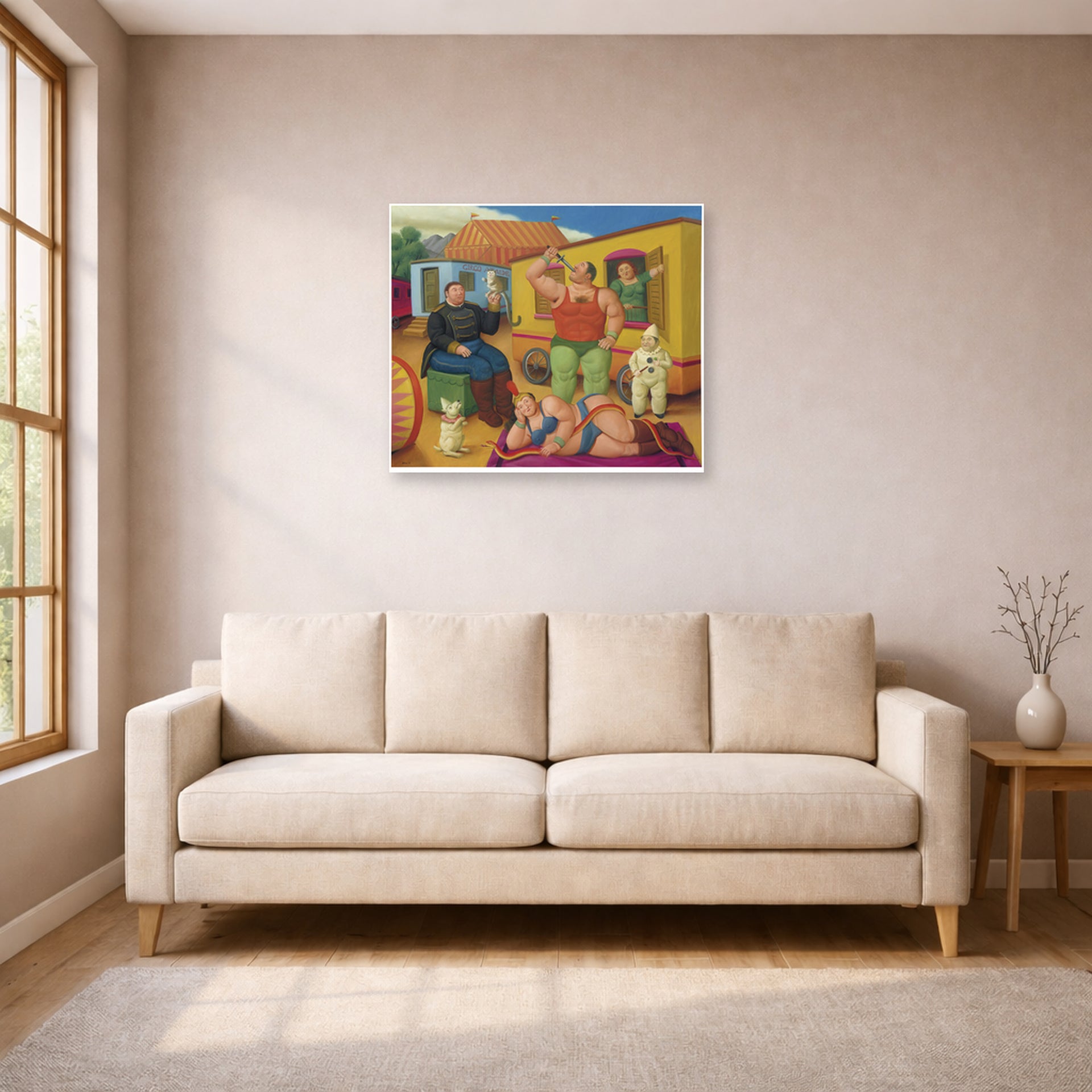 Unframed poster print of Fernando Botero's Circus People displayed on a wall in a living room