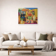 Unframed poster print of Fernando Botero's Circus People displayed on a wall in a living room
