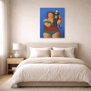 Gallery-wrapped canvas print of Fernando Botero's Circus Performer with Monkey displayed on a wall in a bedroom