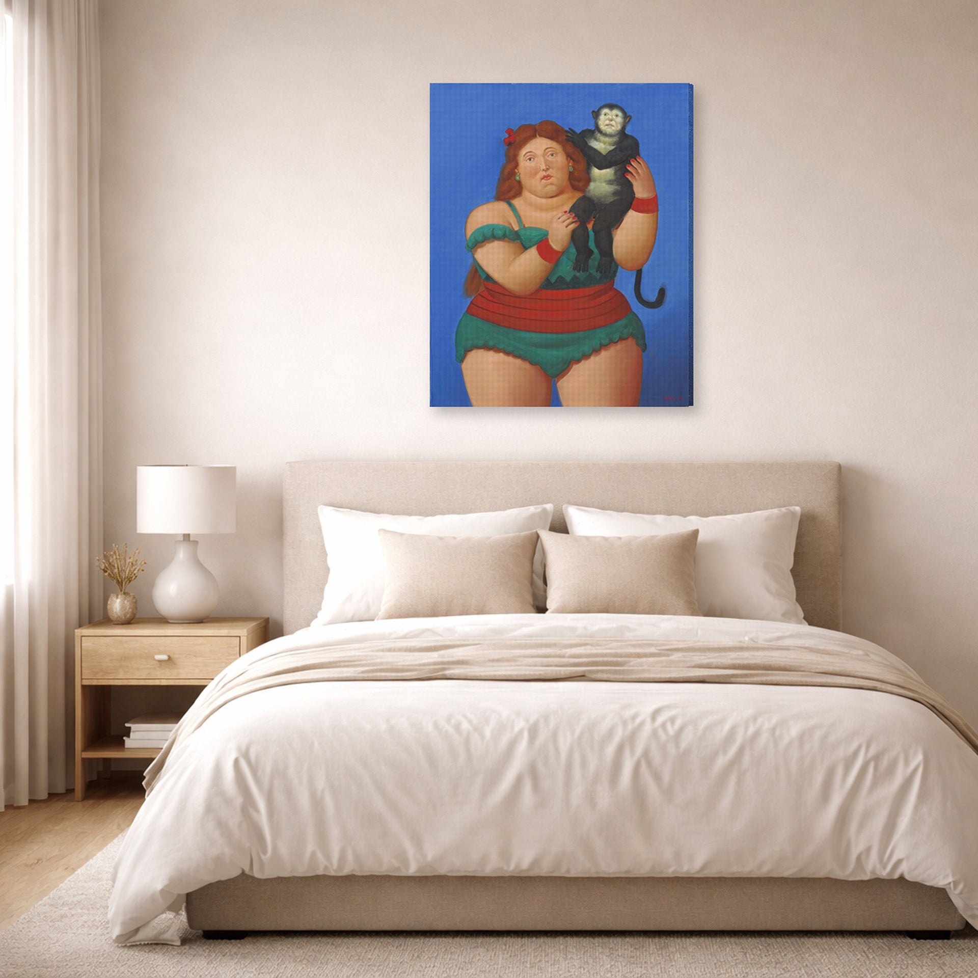 Gallery-wrapped canvas print of Fernando Botero's Circus Performer with Monkey displayed on a wall in a bedroom