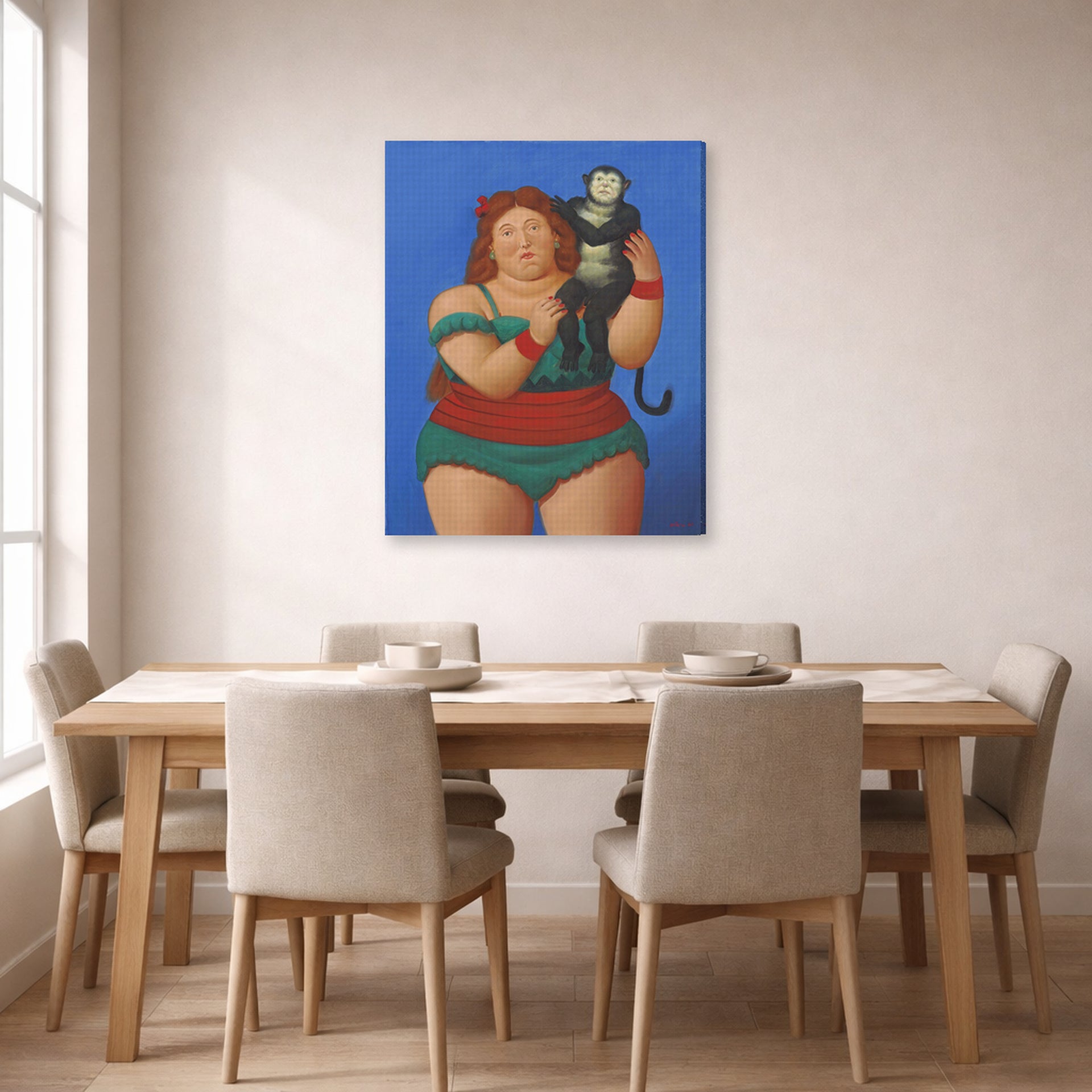 Gallery-wrapped canvas print of Fernando Botero's Circus Performer with Monkey displayed on a wall in a dining room