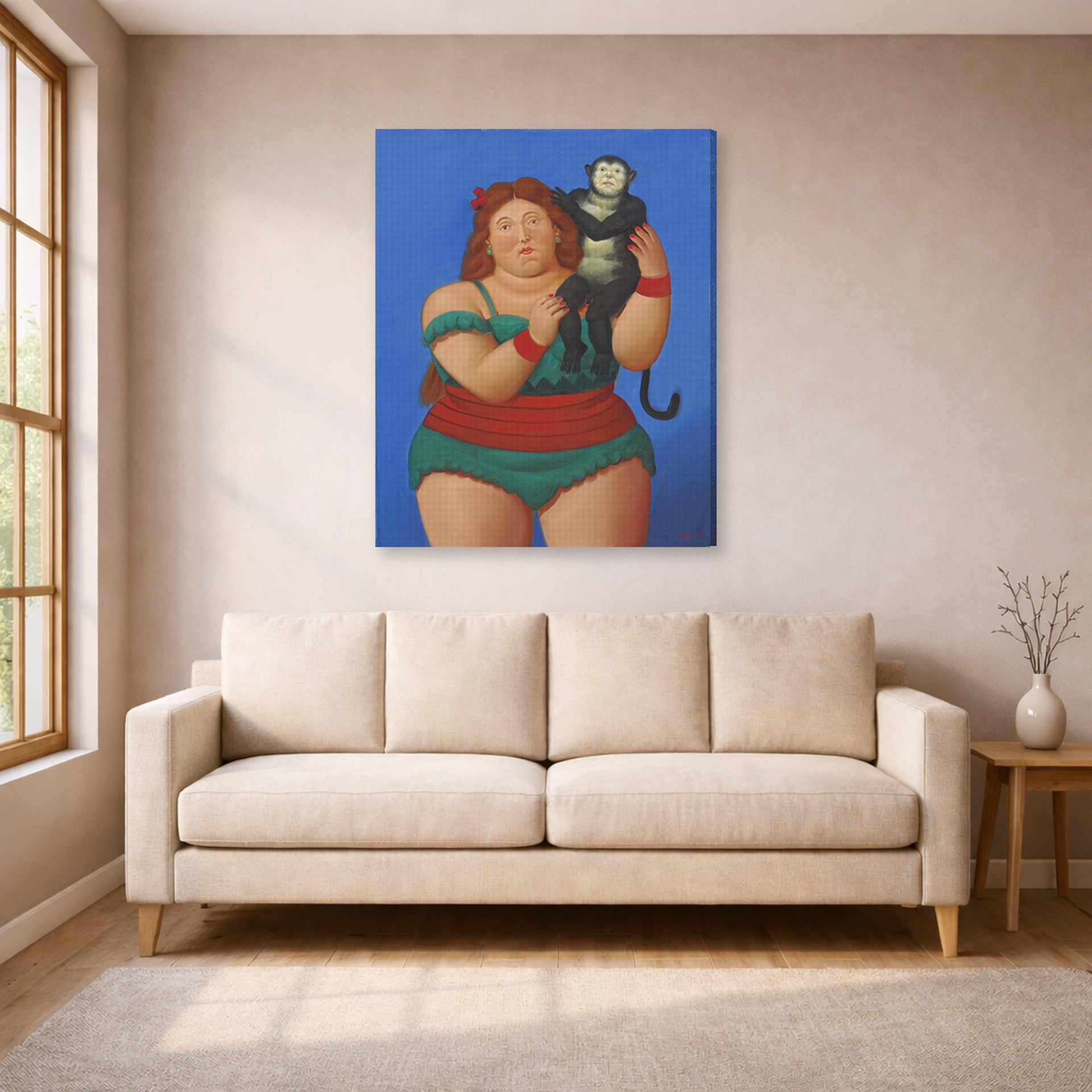 Gallery-wrapped canvas print of Fernando Botero's Circus Performer with Monkey displayed on a wall in a living room