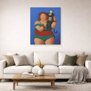 Gallery-wrapped canvas print of Fernando Botero's Circus Performer with Monkey displayed on a wall in a living room