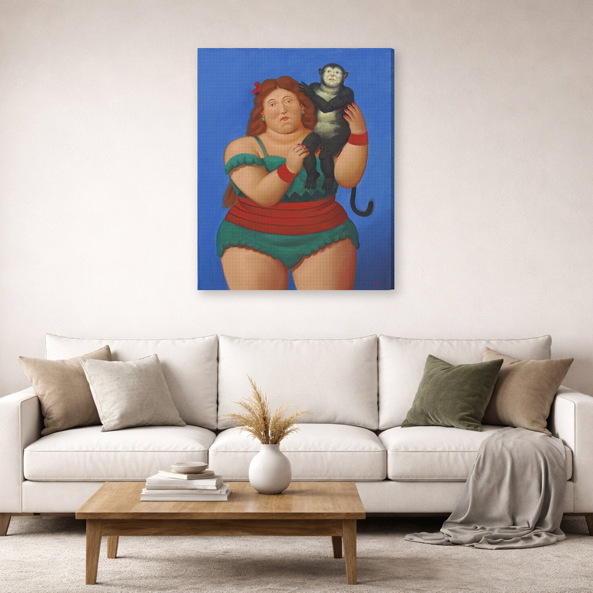 Gallery-wrapped canvas print of Fernando Botero's Circus Performer with Monkey displayed on a wall in a living room