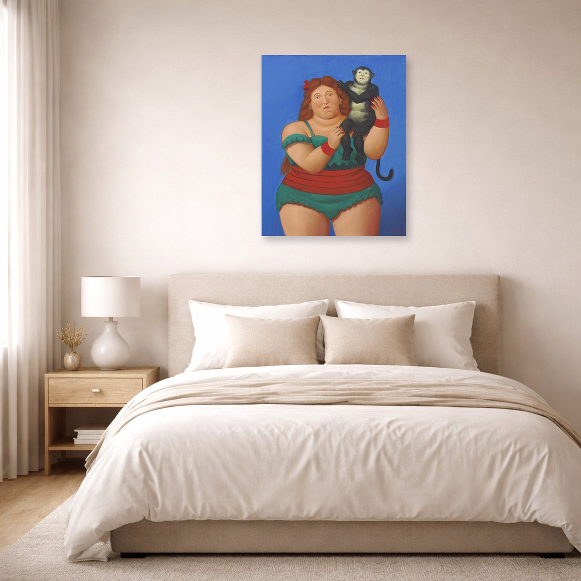 Unframed poster print of Fernando Botero's Circus Performer with Monkey displayed on a wall in a bedroom