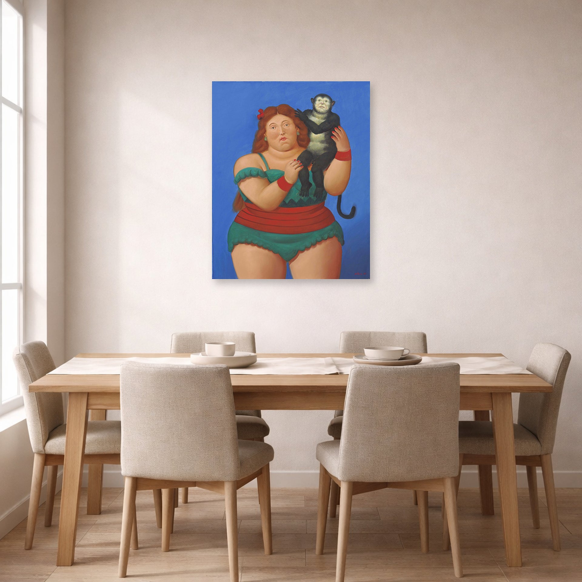 Unframed poster print of Fernando Botero's Circus Performer with Monkey displayed on a wall in a dining room