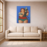 Unframed poster print of Fernando Botero's Circus Performer with Monkey displayed on a wall in a living room
