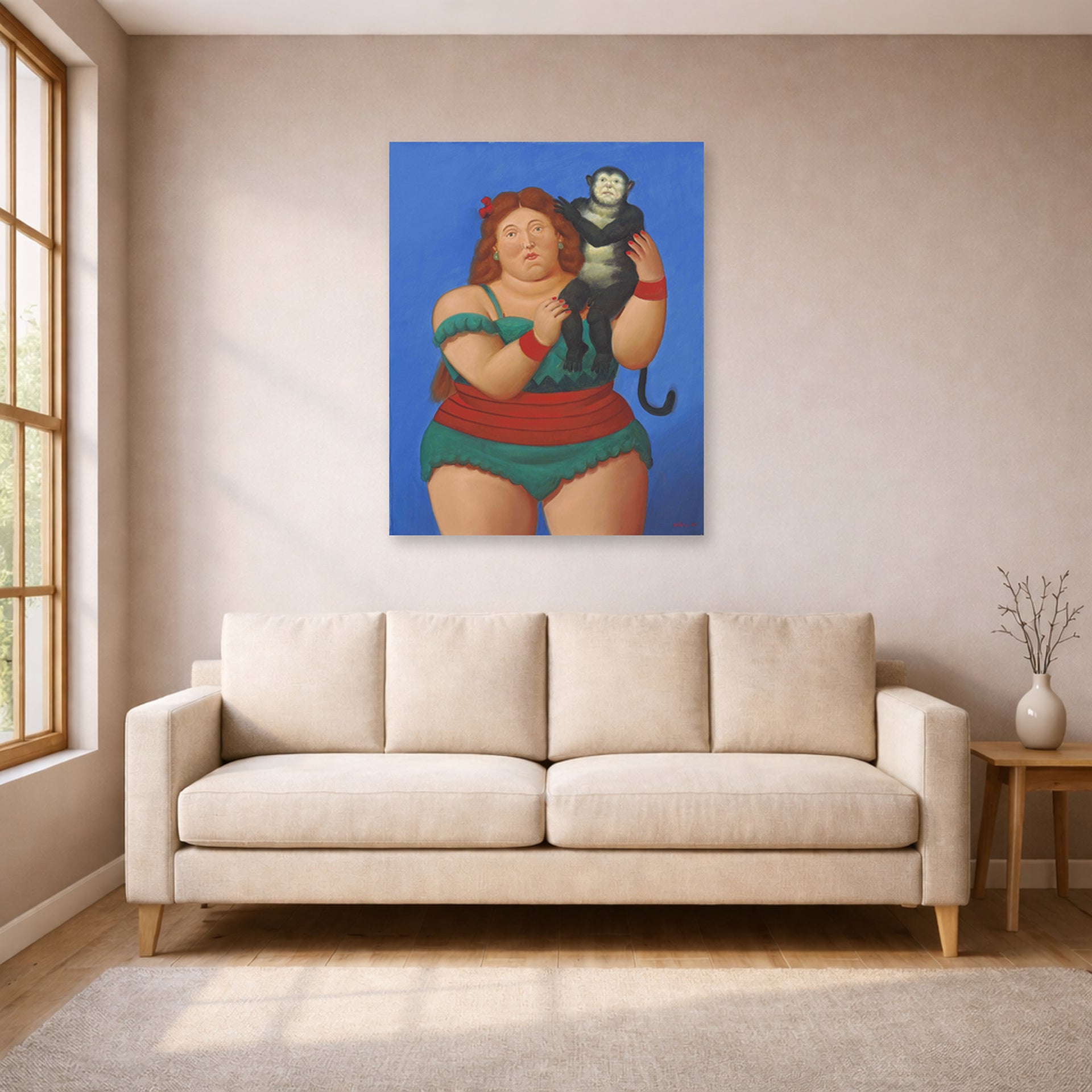 Unframed poster print of Fernando Botero's Circus Performer with Monkey displayed on a wall in a living room