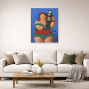 Unframed poster print of Fernando Botero's Circus Performer with Monkey displayed on a wall in a living room