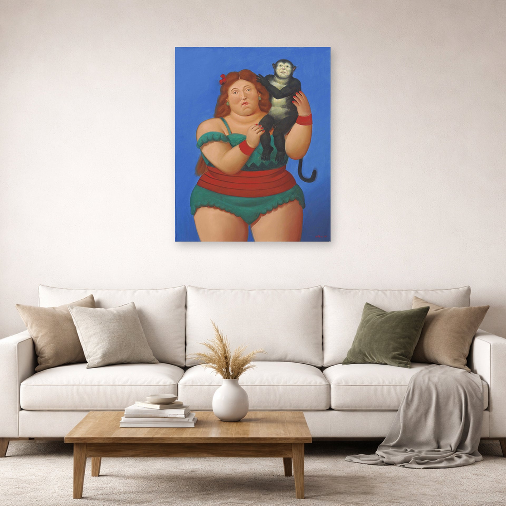 Unframed poster print of Fernando Botero's Circus Performer with Monkey displayed on a wall in a living room