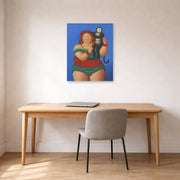Unframed poster print of Fernando Botero's Circus Performer with Monkey displayed on a wall in a home office