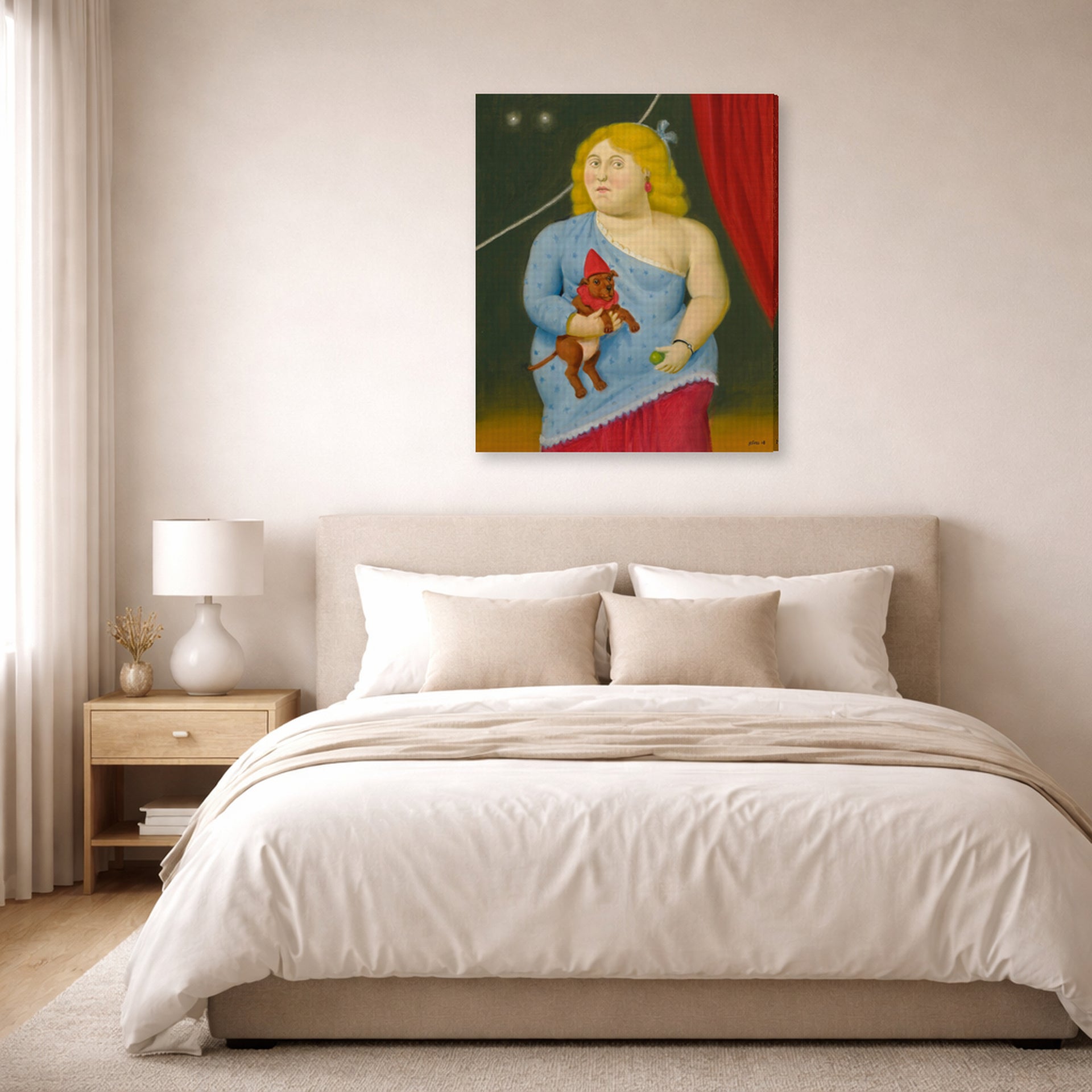 Gallery-wrapped canvas print of Fernando Botero's Circus Woman with Dog displayed on a wall in a bedroom