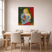 Gallery-wrapped canvas print of Fernando Botero's Circus Woman with Dog displayed on a wall in a dining room