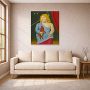 Gallery-wrapped canvas print of Fernando Botero's Circus Woman with Dog displayed on a wall in a living room