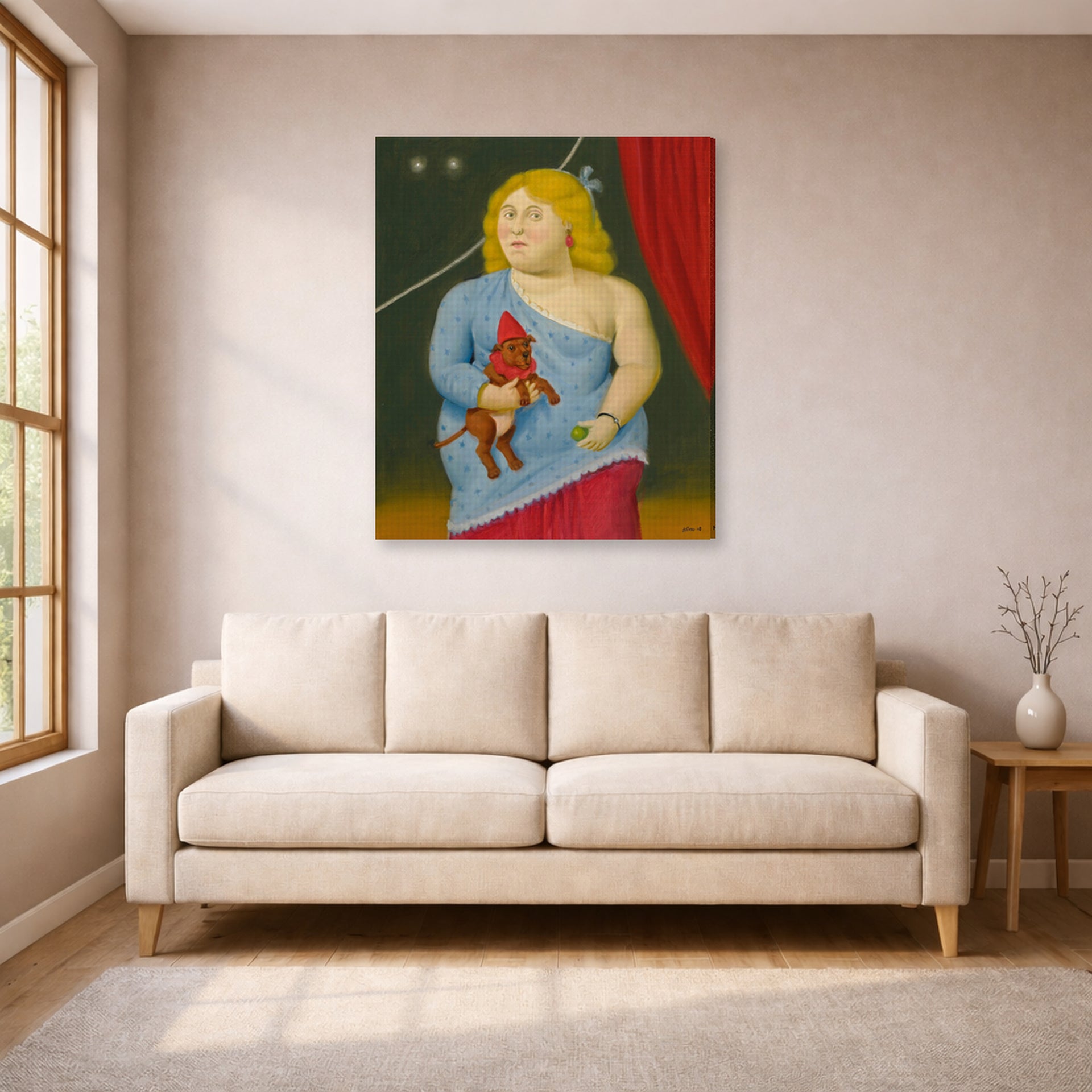 Gallery-wrapped canvas print of Fernando Botero's Circus Woman with Dog displayed on a wall in a living room