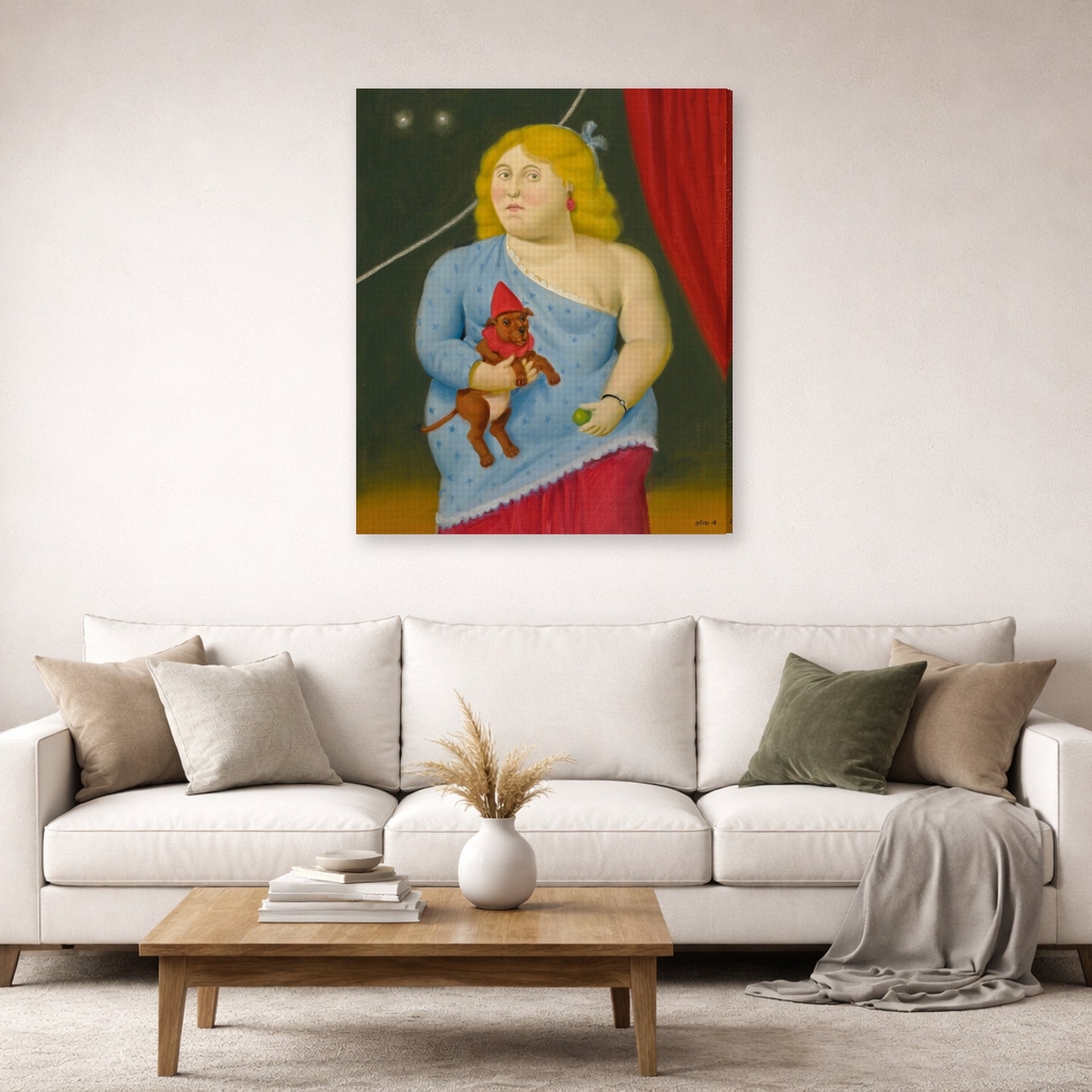 Gallery-wrapped canvas print of Fernando Botero's Circus Woman with Dog displayed on a wall in a living room