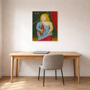 Gallery-wrapped canvas print of Fernando Botero's Circus Woman with Dog displayed on a wall in a home office