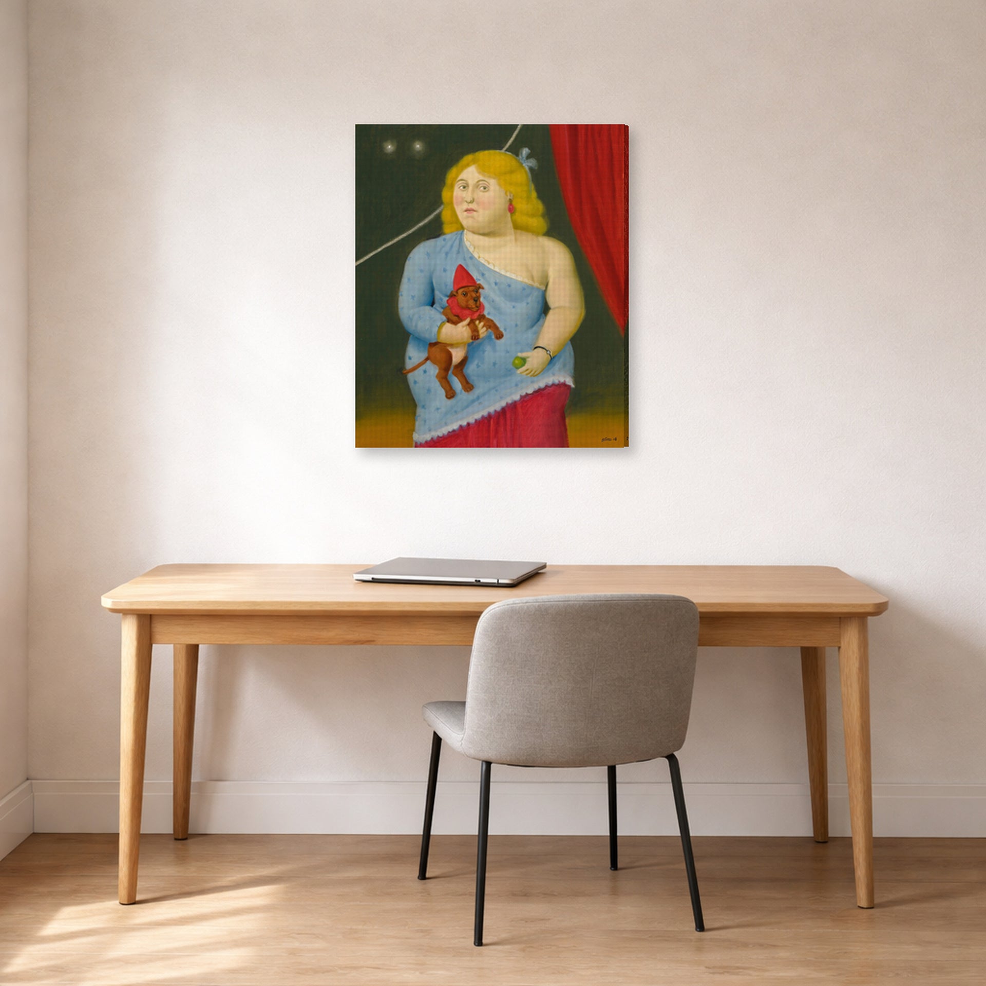Gallery-wrapped canvas print of Fernando Botero's Circus Woman with Dog displayed on a wall in a home office