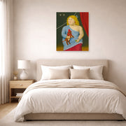 Unframed poster print of Fernando Botero's Circus Woman with Dog displayed on a wall in a bedroom