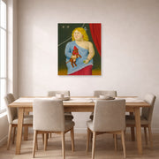 Unframed poster print of Fernando Botero's Circus Woman with Dog displayed on a wall in a dining room